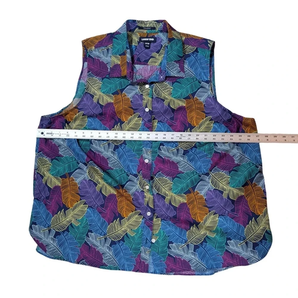 Lands End Shirt Womens 24W Blue Tropical Feather No Iron Supima Sleeveless‎ Top